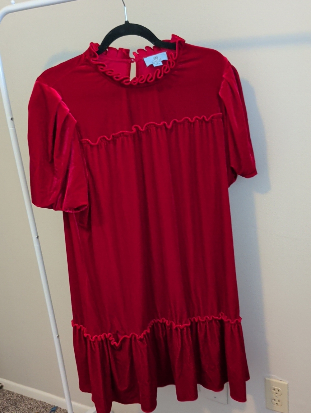 Red Velvet Ruffle-Hem Dress Baby Doll 80's Vintage Inspired